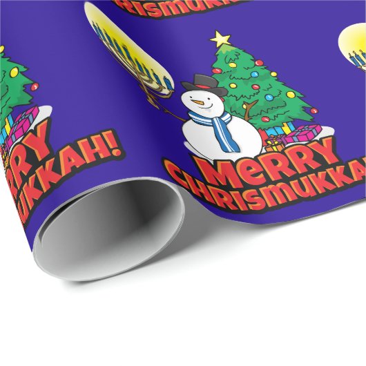 Blue Merry Chrismukkah met Snowman en Menorah Cadeaupapier (Rol Hoek)