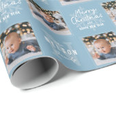 Blue Merry Christmas Calligraphy Family 2 photo Cadeaupapier (Rol Hoek)