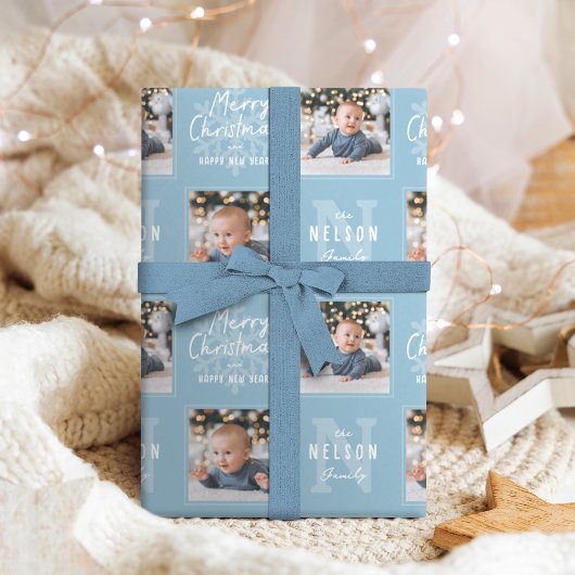 Blue Merry Christmas Calligraphy Family 2 photo Cadeaupapier