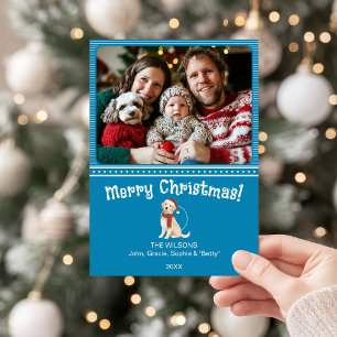 Blue Merry Christmas Dog Familie Foto Vakantie Kaa Feestdagenkaart