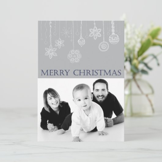 Blue Merry Christmas Familie Foto Vakantie Kaart (Staand voorkant)