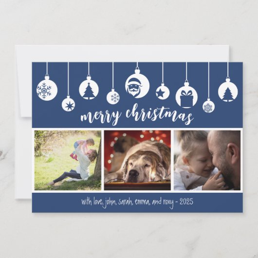 Blue Merry Christmas Hanging Ornament Photo Feestdagenkaart (Voorkant)