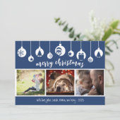 Blue Merry Christmas Hanging Ornament Photo Feestdagenkaart (Staand voorkant)