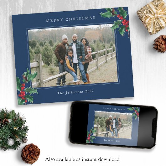 Blue Merry Christmas  Holly Berries Foto Feestdagenkaart