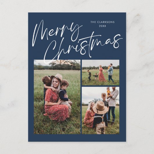 Blue Merry Christmas Kalligrafie Script 3 Foto Feestdagenkaart (Voorkant)