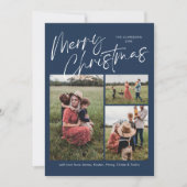 Blue Merry Christmas Kalligrafie Script 3 Foto Feestdagenkaart (Voorkant)