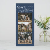Blue Merry Christmas Kalligrafie Vijf Slanke Foto Feestdagenkaart (Staand voorkant)