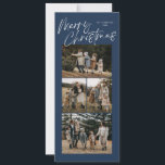 Blue Merry Christmas Kalligrafie Vijf Slanke Foto Feestdagenkaart<br><div class="desc">Blue Merry Christmas Calligraphy Five Slim Photo Holiday Kaart heeft vier foto's aan de voorkant en een andere foto aan de achterkant met ruimte voor uw langere bericht.</div>