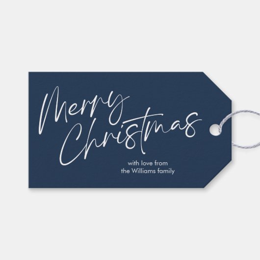 Blue Merry Christmas Kalligrafiescript Cadeaulabel (Voorkant (Horizontaal))