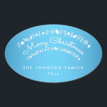 Blue Merry Christmas Ovale Stickers<br><div class="desc">Vrolijk kerstblauw en witte ovale stickers met veranderlijke tekst</div>