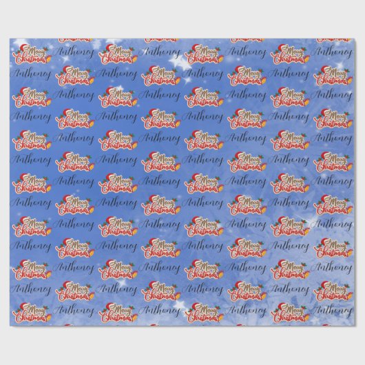 Blue Merry Christmas Script Customized Name Cadeaupapier (Vlak)