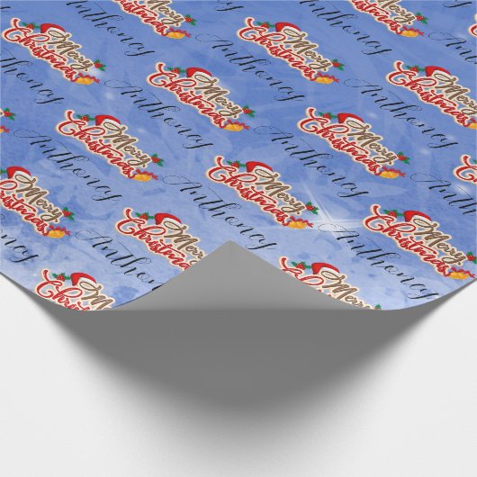 Blue Merry Christmas Script Customized Name Cadeaupapier (Hoek)