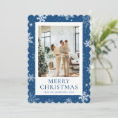 Blue Merry Christmas Snowflake Foto Feestdagenkaart (Staand voorkant)