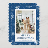 Blue Merry Christmas Snowflake Foto Feestdagenkaart (Voorkant / Achterkant)