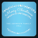 Blue Merry Christmas Square Stickers<br><div class="desc">Vrolijk Kerstblauw en wit vierkant stickers met veranderlijke tekst</div>