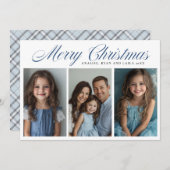 Blue Merry Christmas Three foto ontwerp Feestdagenkaart (Voorkant / Achterkant)