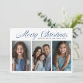 Blue Merry Christmas Three foto ontwerp Feestdagenkaart (Staand voorkant)