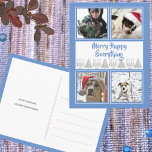 Blue Merry Happy 4 Foto Hanukkah Kerstmis Briefkaart<br><div class="desc">Creëer uw eigen Chanoeka en kerstvakantie fotokaarten met deze schattige blauw vrolijk vrolijk alles foto briefkaart sjabloon ontwerp. Personaliseer met uw foto's en tekst voor unieke vakantie-briefkaarten in blauw, wit en faux silver. Een leuke keuze voor interreligieuze paren en gezinnen, deze fotokaarten zijn voorzien van vier van uw favoriete afbeeldingen...</div>