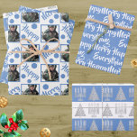Blue Merry Happy Everything Fototypografie Inpakpapier Vel<br><div class="desc">Vier het seizoen met deze witte en blauwe Merry Happy Everything Chrismukkah vakantie inpakpapier in een schattig assortiment van design die stijlvolle typografie en een foto template lay-out bevatten. Perfect voor interreligieuze gezinnen, deze aangepaste inpakpapieren vellen vieren Chanoeka en Kerstmis samen in drie leuke blauw-witte design. Sheet One heeft een...</div>