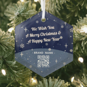 Blue Merry kerstmis Bedrijfsnaam QR code  Glas Ornament