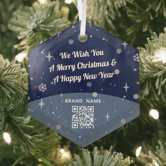 Blue Merry kerstmis Bedrijfsnaam QR code  Glas Ornament (Insitu)