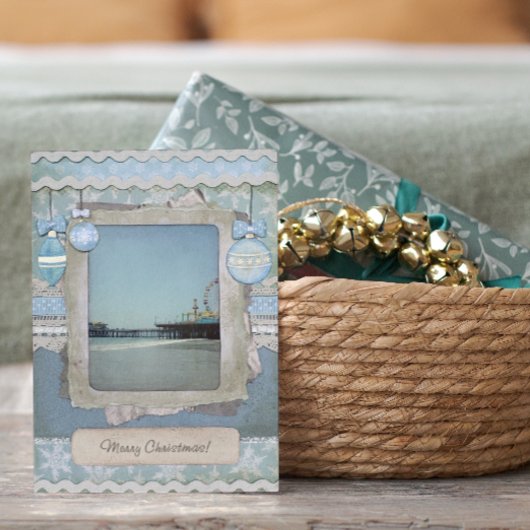 Blue Merry KerstSanta Monica Pier Feestdagen Kaart