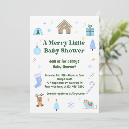 Blue Merry Little Baby shower Boy Invitation Kaart (Staand voorkant)