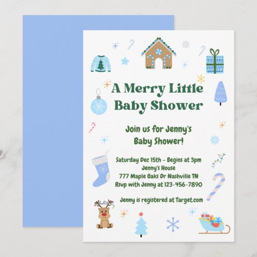 Blue Merry Little Baby shower Boy Invitation Kaart (Voorkant / Achterkant)