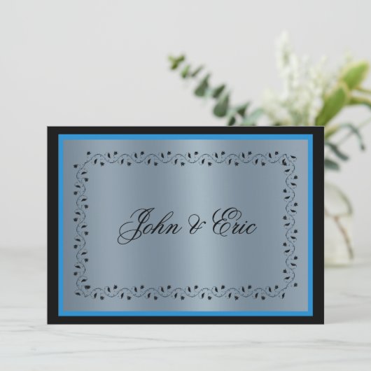 Blue Metallic Black Wedding Invitation Kaart (Staand voorkant)