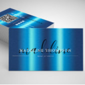 Blue Metallic Brush Steel Script QR-code Visitekaartje