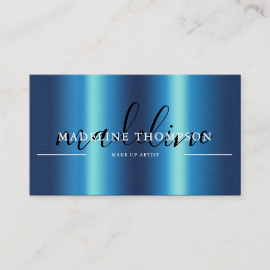 Blue Metallic Brush Steel Script QR-code Visitekaartje (Voorkant)