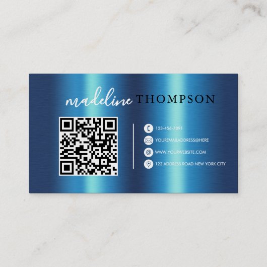 Blue Metallic Brush Steel Script QR-code Visitekaartje (Achterkant)