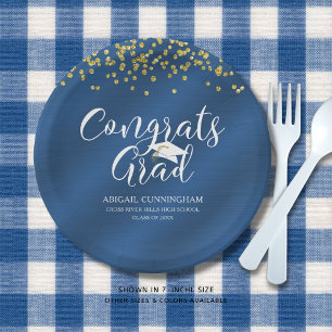 Blue Metallic CONGRATS AFSTUDEERDER Gold Confetti Papieren Bordje