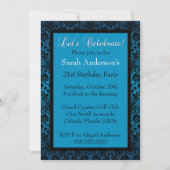 Blue Metallic Damask Birthday Invitation Kaart (Voorkant)