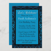 Blue Metallic Damask Birthday Invitation Kaart (Voorkant / Achterkant)