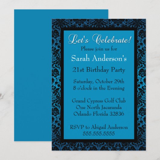 Blue Metallic Damask Birthday Invitation Kaart (Voorkant / Achterkant)