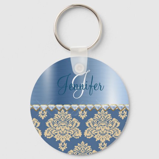 Blue Metallic, Damask Faux Satin Rhinestones Sleutelhanger (Voorkant)