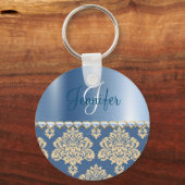 Blue Metallic, Damask Faux Satin Rhinestones Sleutelhanger (Voorkant)