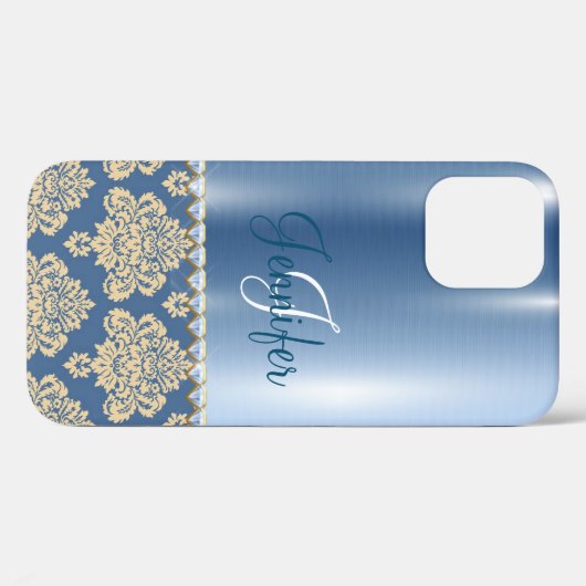 Blue Metallic Damask, Satin, Personalized Hoesje-M Case-Mate iPhone Case (Achterkant (horizontaal))
