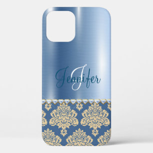 Blue Metallic Damask, Satin, Personalized Hoesje-M Case-Mate iPhone Case