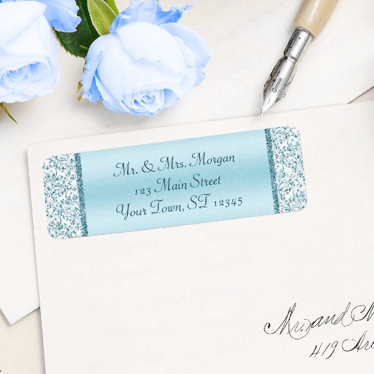 Blue Metallic Damask Wedding Return-adres Etiket