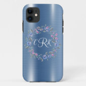 Blue Metallic Floral Monogram Personalize Girly Case-Mate iPhone Case (Achterkant)