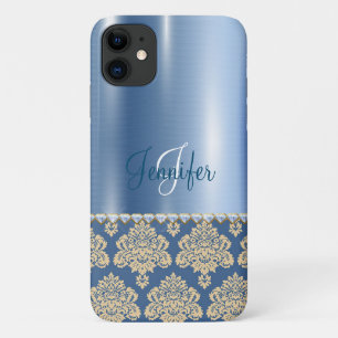 Blue Metallic Floral Monogram Personalize Girly Case-Mate iPhone Case