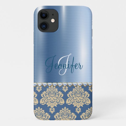 Blue Metallic Floral Monogram Personalize Girly Case-Mate iPhone Case (Achterkant)