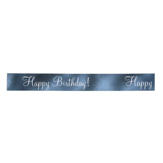 Blue Metallic Happy Birthday Script Modern Satin Satijnen Lint (Voorkant)