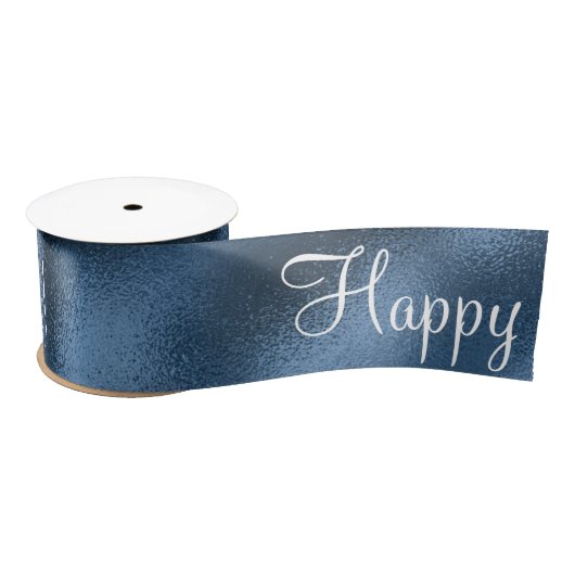 Blue Metallic Happy Birthday Script Modern Satin Satijnen Lint (Spoel)