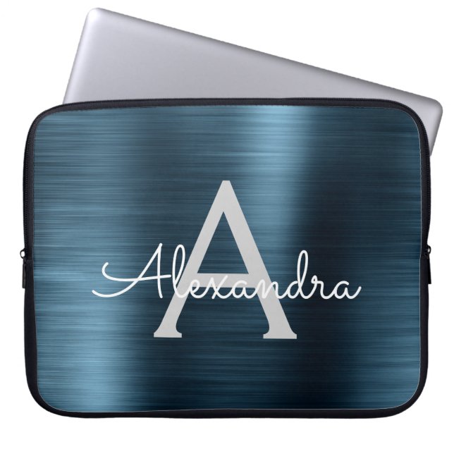 Blue Metallic Modern Chic Stainless Steel Monogram Laptop Sleeve (Voorkant)