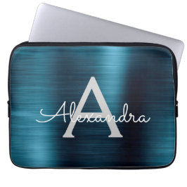 Blue Metallic Modern Chic Stainless Steel Monogram Laptop Sleeve
