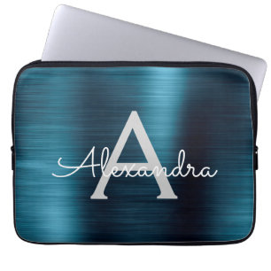 Blue Metallic Modern Chic Stainless Steel Monogram Laptop Sleeve