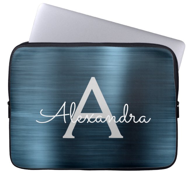 Blue Metallic Modern Chic Stainless Steel Monogram Laptop Sleeve (Voorkant)
